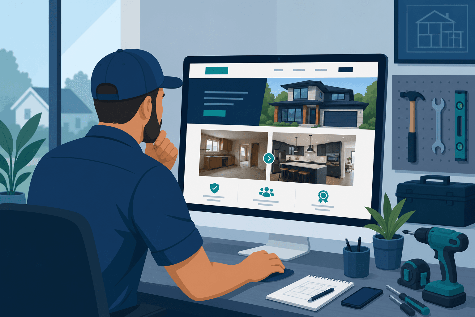 Contractor reviewing a website designed to win more jobs online