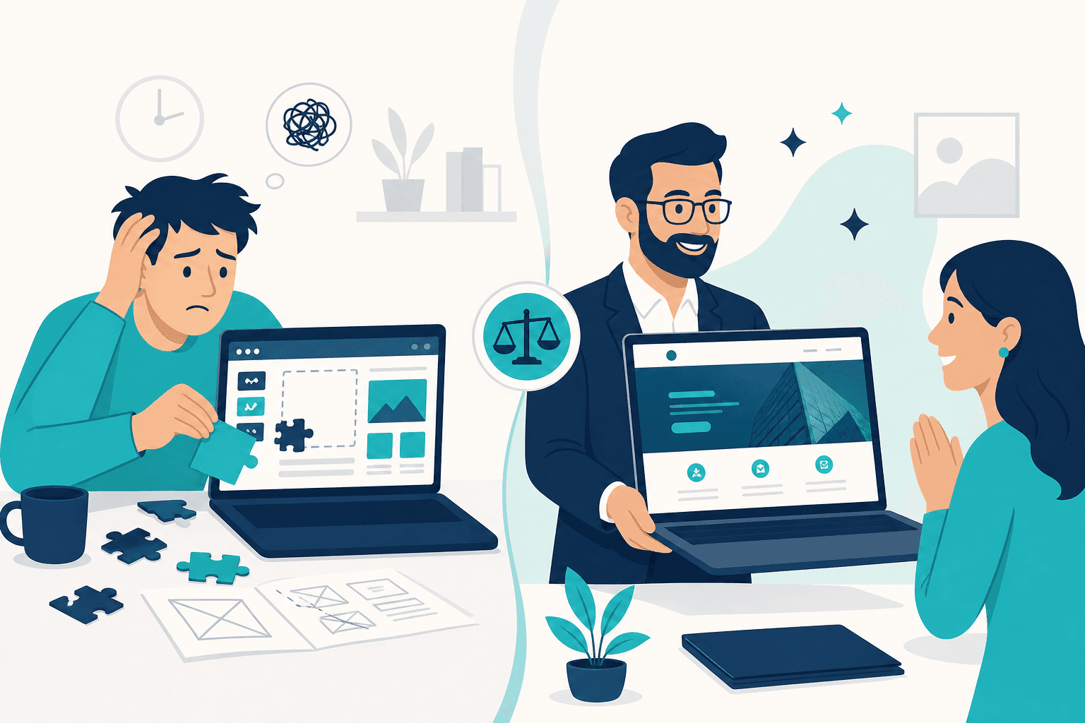 Small business owner choosing between DIY website builder and hiring a professional