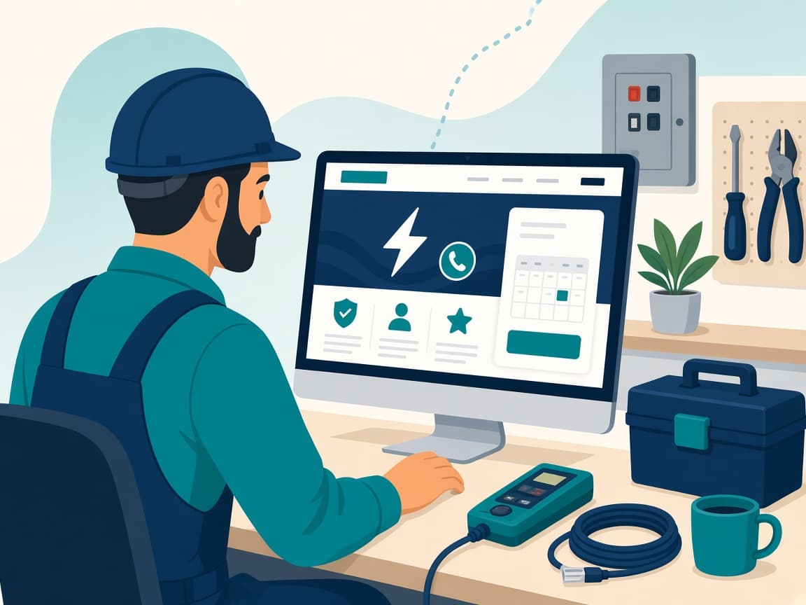 Electrician reviewing a website designed to turn urgent searches into booked jobs