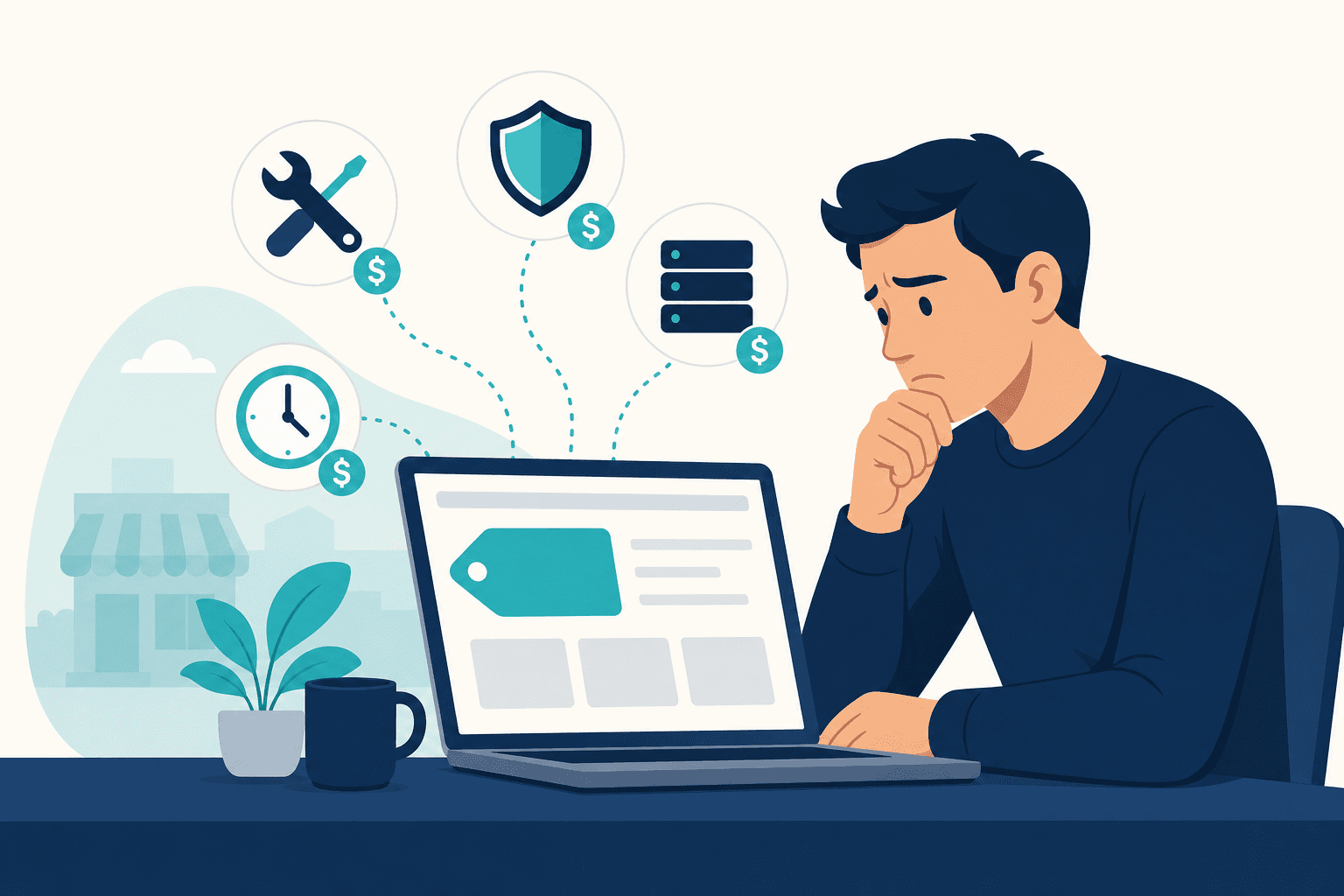 Small business owner discovering hidden website costs on a laptop
