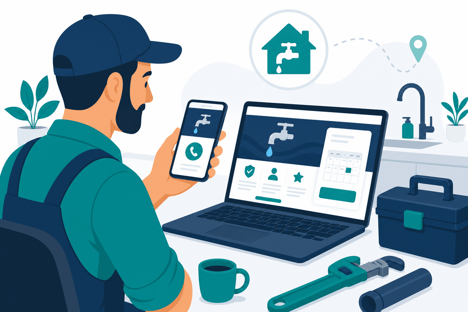 Home service business owner reviewing a website designed to turn searches into bookings