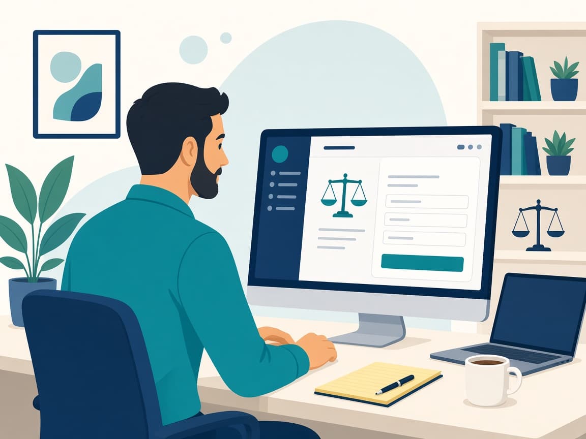 Attorney reviewing a professional law firm website designed to book consultations