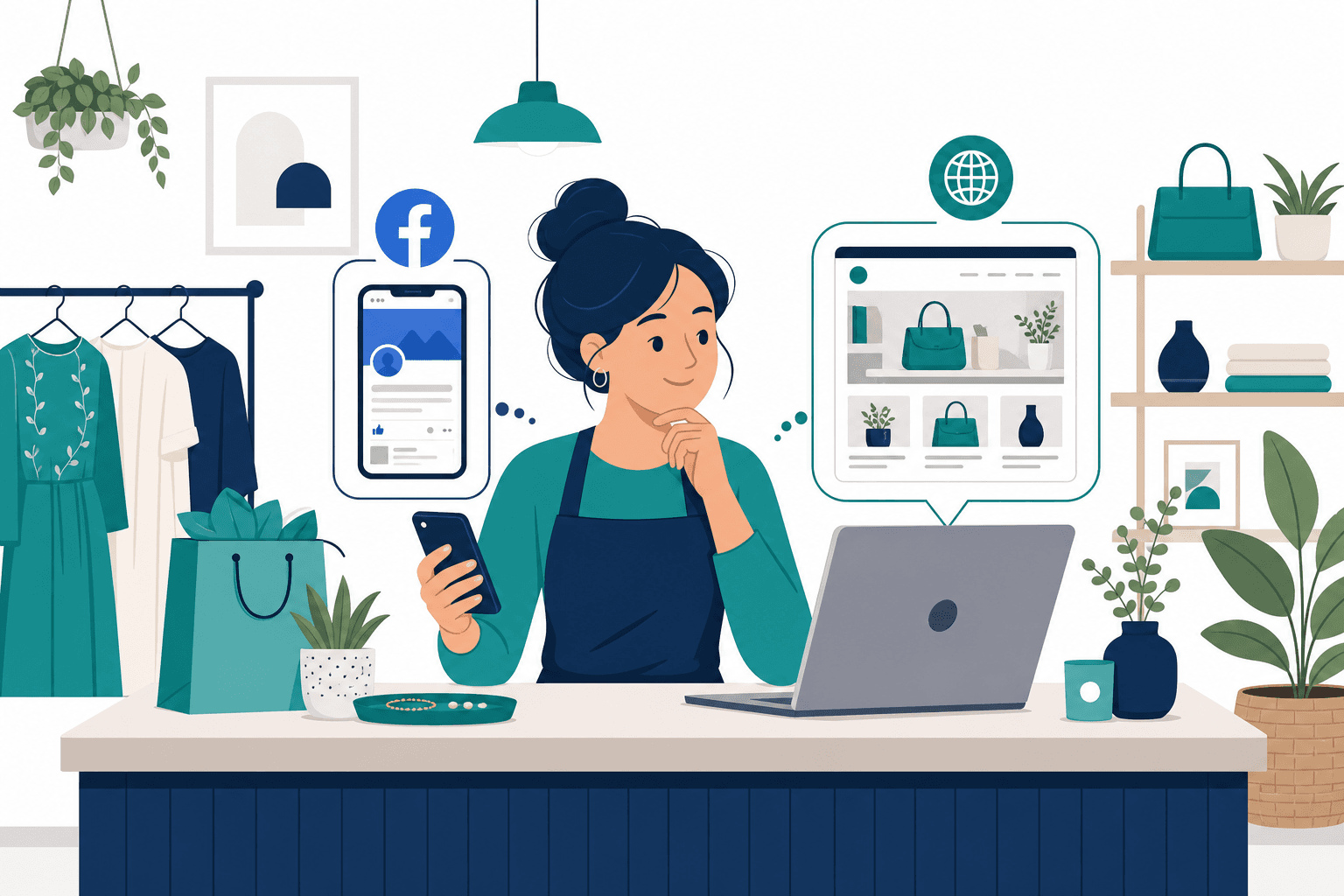 Local shop owner comparing a Facebook page to a professional owned website