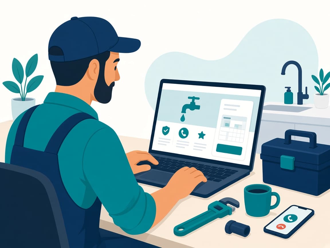 Plumber reviewing a website designed to turn emergency searches into booked calls