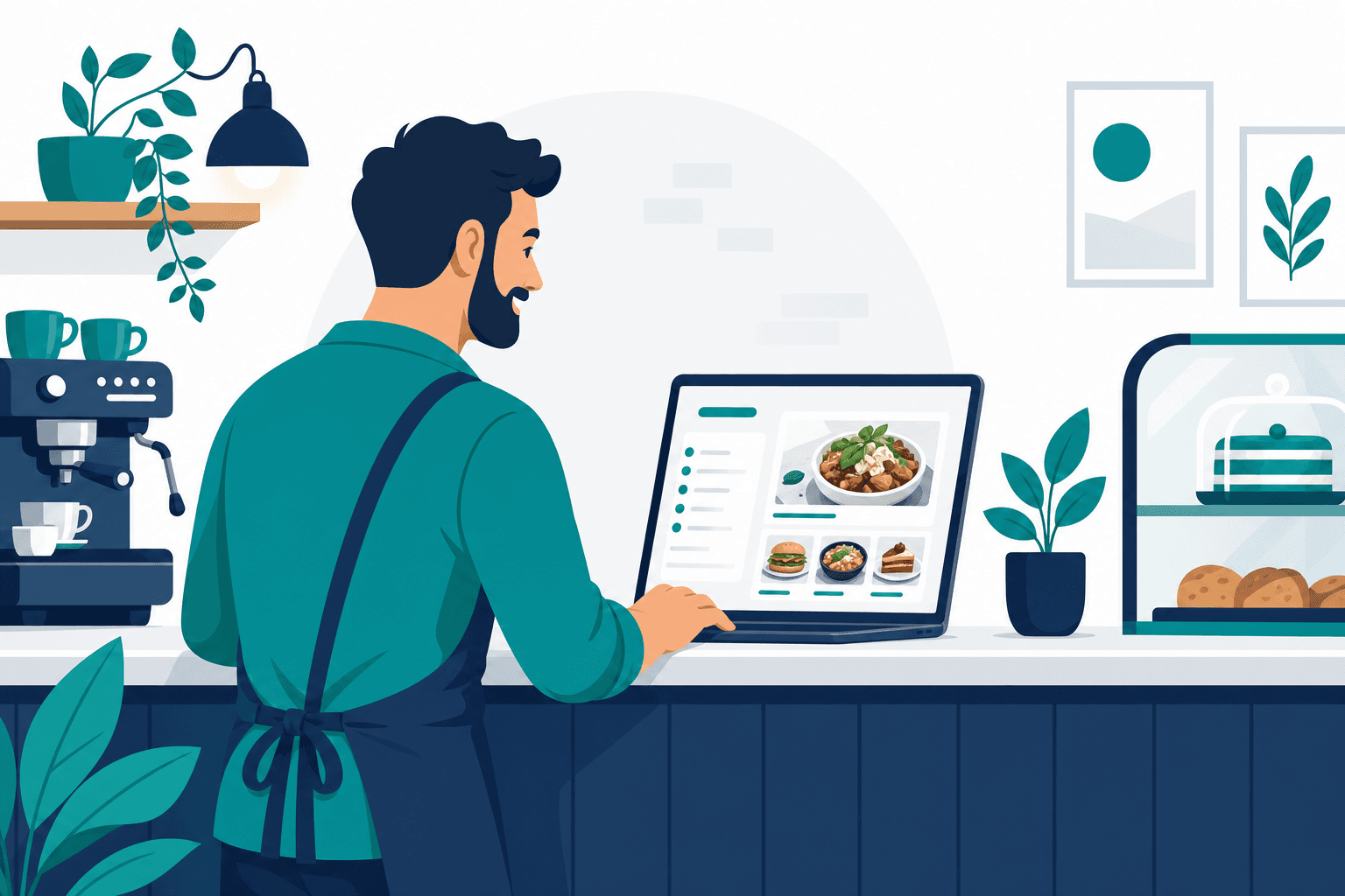 Restaurant owner reviewing a website designed to bring in more diners