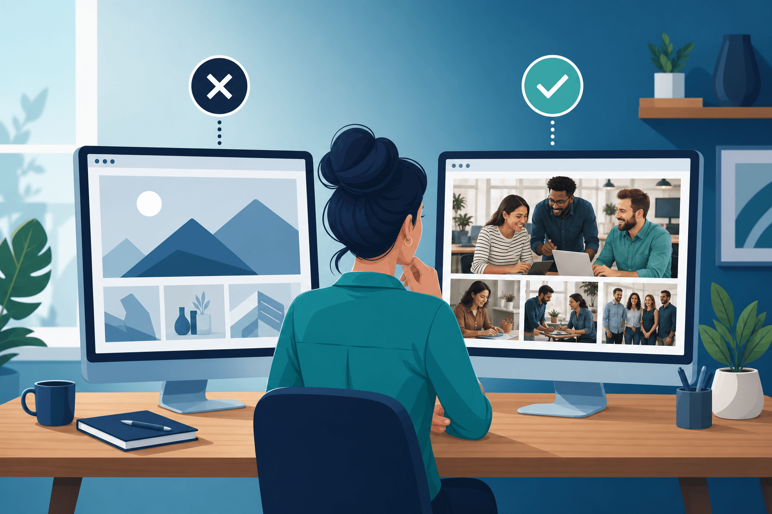 Small business owner comparing stock photos with real business photos for a website