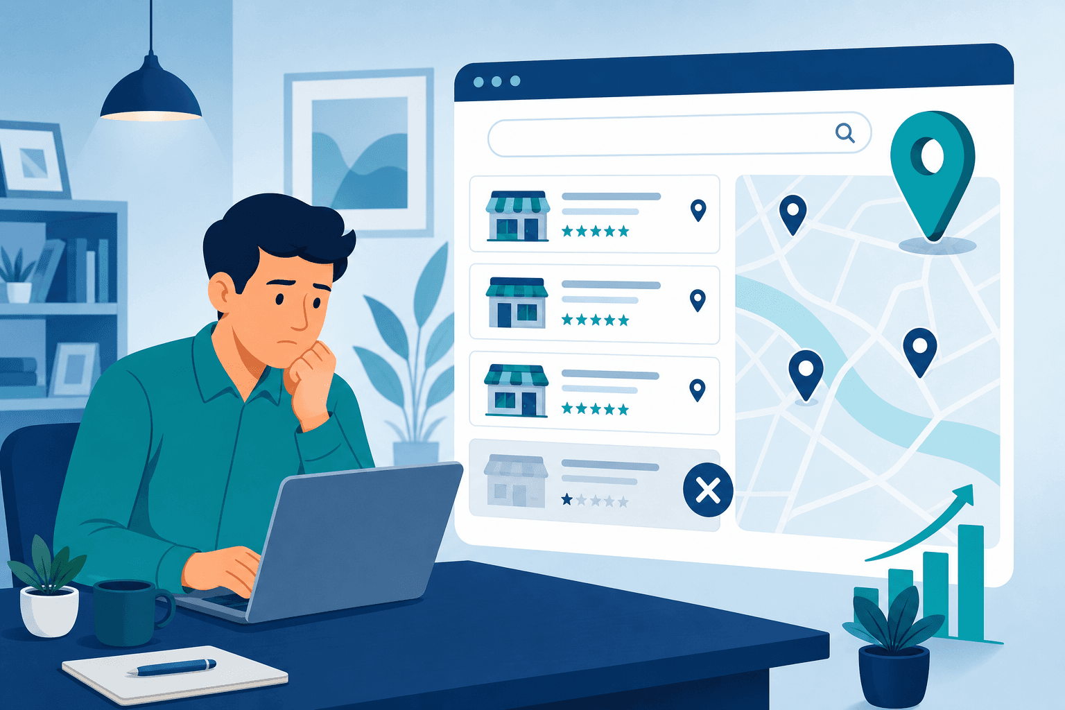 Small business owner troubleshooting why their business is not showing on Google
